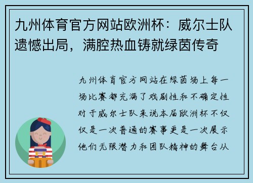 九州体育官方网站欧洲杯：威尔士队遗憾出局，满腔热血铸就绿茵传奇