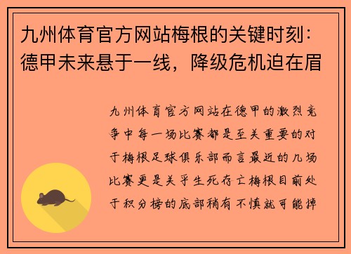 九州体育官方网站梅根的关键时刻：德甲未来悬于一线，降级危机迫在眉睫